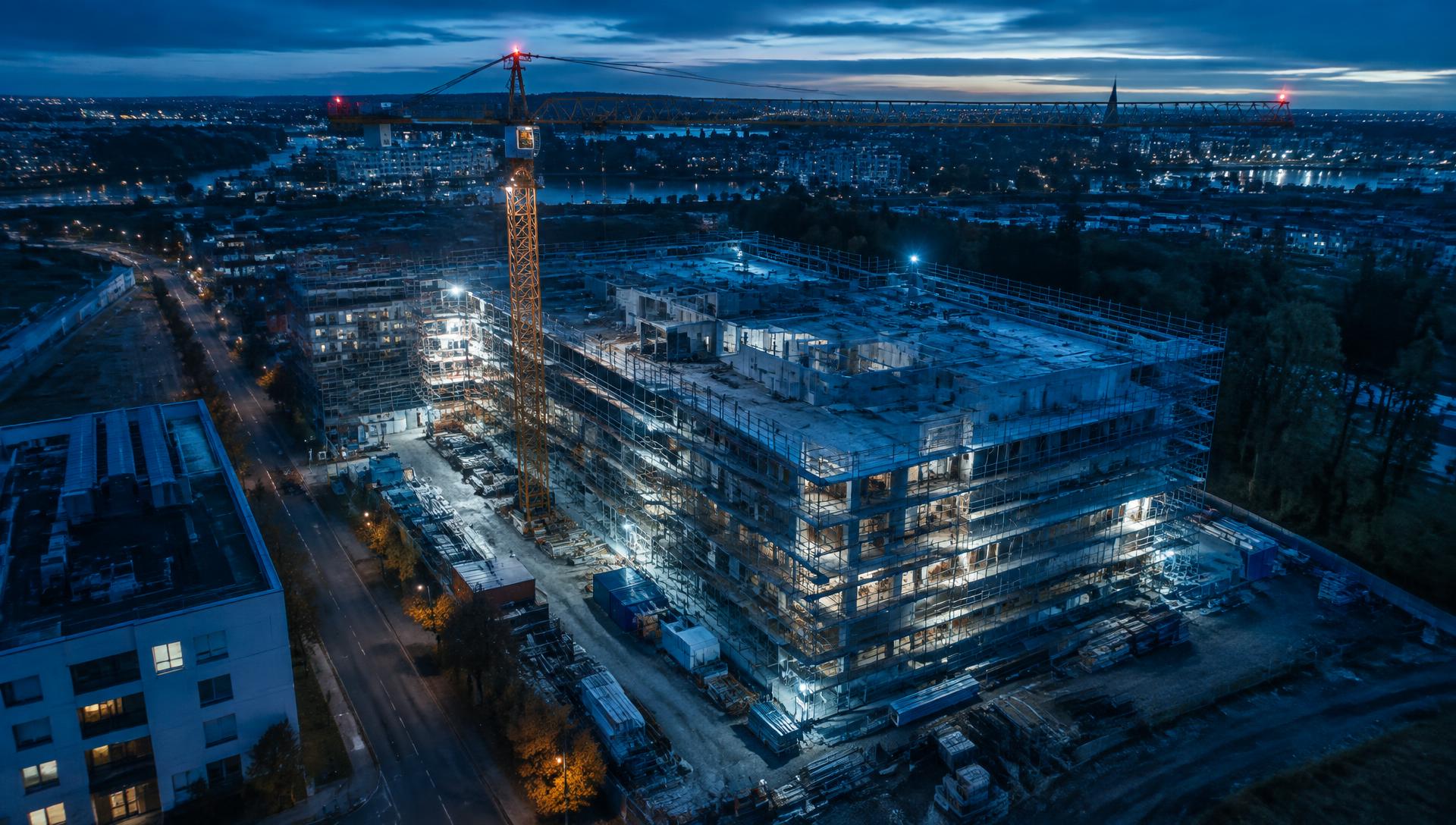 Aerial drone view of a construction site at dusk, lit by site floodlights